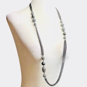 Chicos Dark Silver Tone Pave Rhinestone Textured Bead Accents Necklace